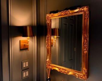 Espejo de pared clásico barroco con pan de oro, espejo francés dorado, fabricado en Italia, espejo antiguo dorado, espejo rococó Luis XIV n.º 5005
