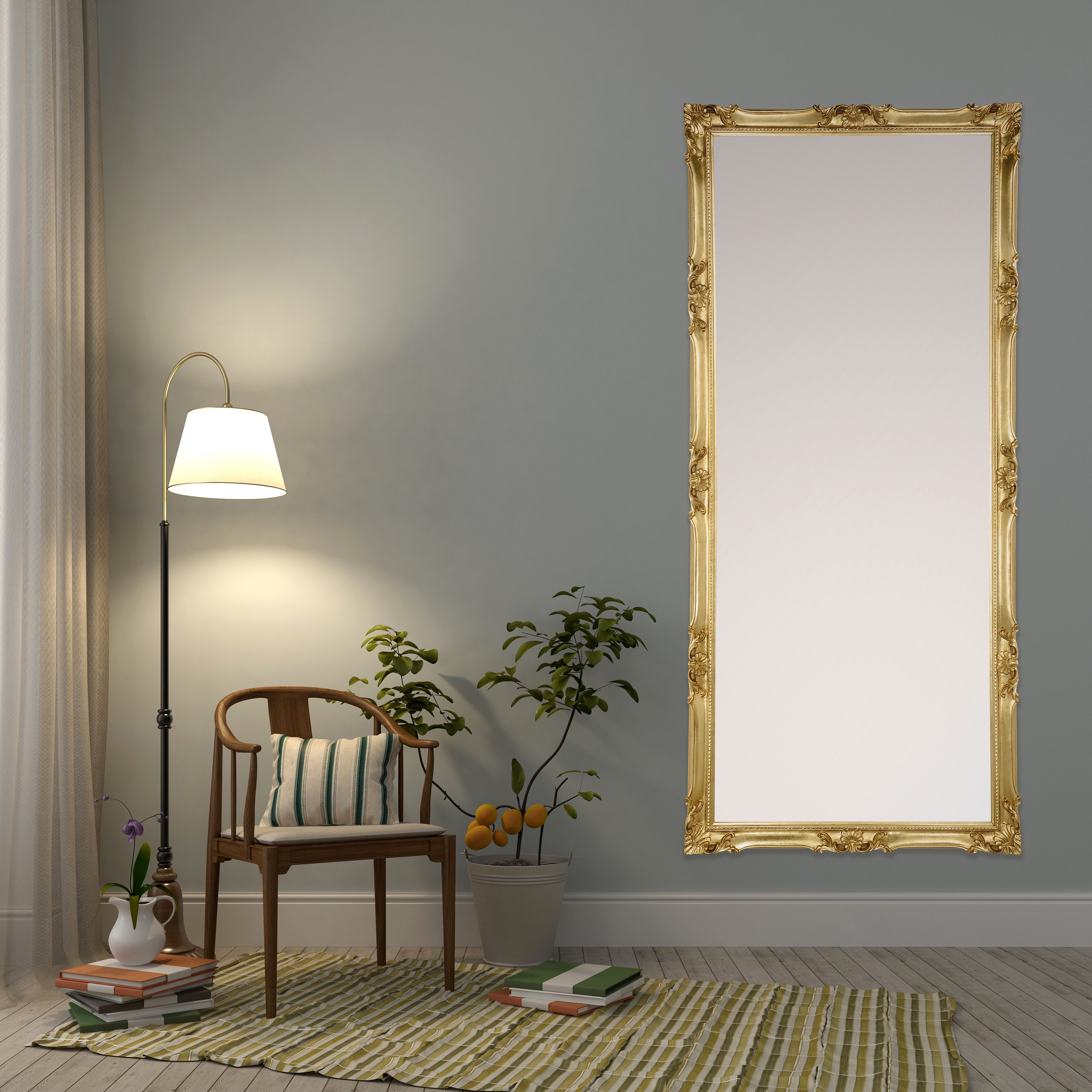 ラージ クラシック バロック ミラー アンティーク シルバー リーフ