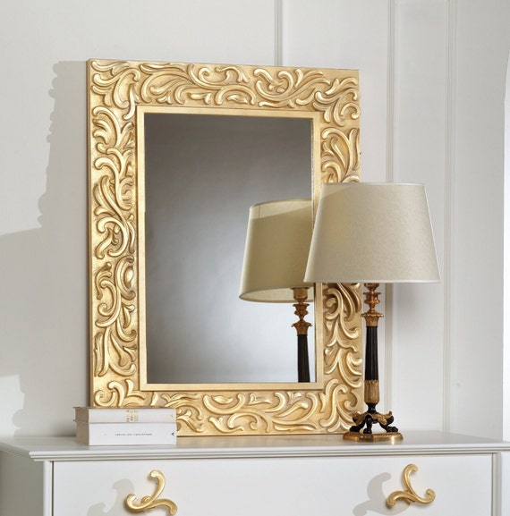 Specchio Parete Moderno Foglia Oro Design Made in Italy Specchio italiano  rettangolare Specchio camera da letto, ingresso dorato 8091 -  Italia