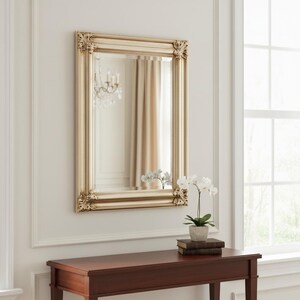May include: A rectangular wall mirror featuring a metallic gold frame with ornate, carved detailing at each corner. The mirror has a beveled edge and is mounted on a plain, light-colored wall above a dark wooden console table with a potted plant.