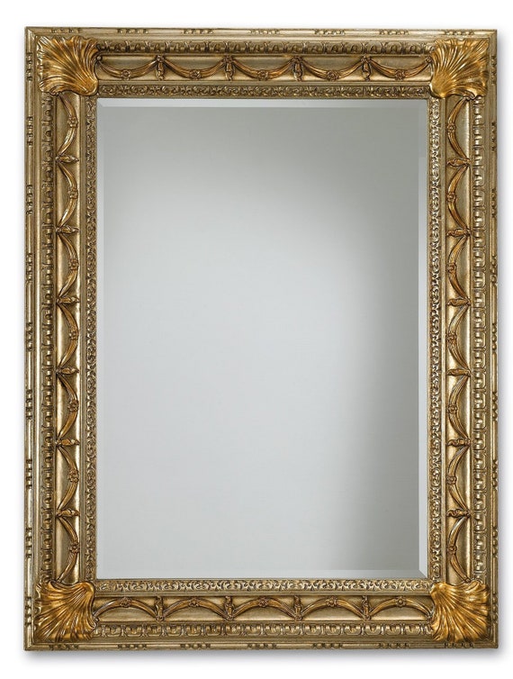 Classic Mirror For Entrance Or Living Room With Baroque Rococo Frame Cm 96x126 Finished By Hand With Silver Leaf And Gold Made In Italy