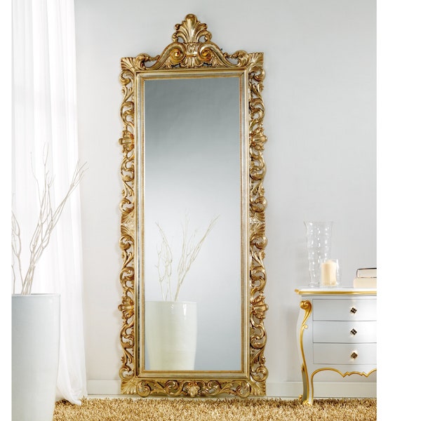 Grand miroir baroque rococo avec feuille d'or et d'argent antique - Fabriqué en Italie - Miroir victorien 86x220 cm - Miroir d'entrée Article # 8067