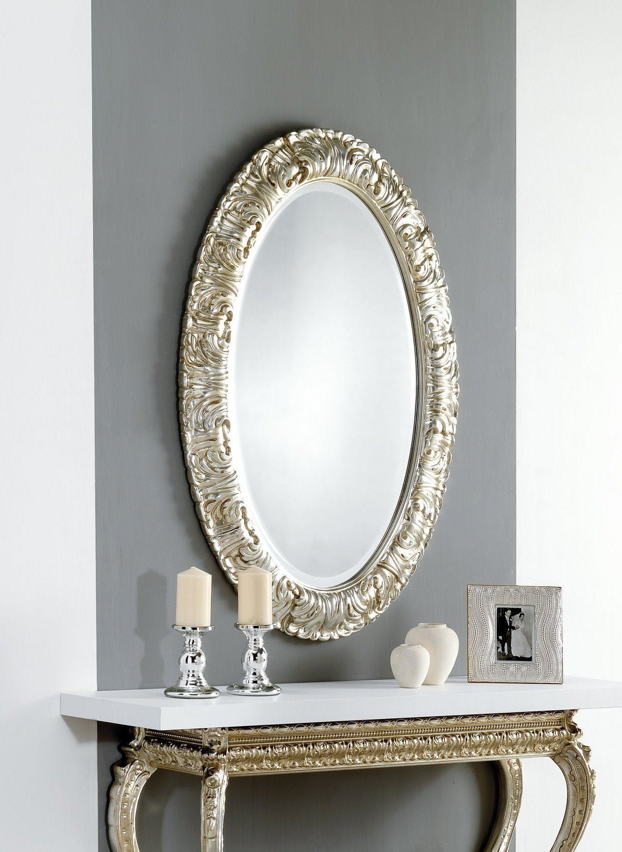 Large Oval Baroque Mirror White or Classic Silver 85x125cm Made in