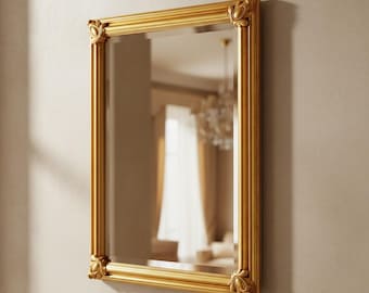 Classic rectangular wall mirror with gold leaf, wooden frame, handmade, Made in Italy. Mirror for entryway, bedroom, living room