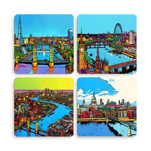 Pop Art London Landmarks Coaster Set | Modern Capital City Drink Mat Gift