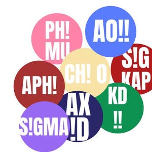 May include: A collection of colorful circular stickers with white text. The stickers are in various colors, including pink, blue, red, yellow, purple, navy, and green. Each sticker features a unique combination of letters and symbols.