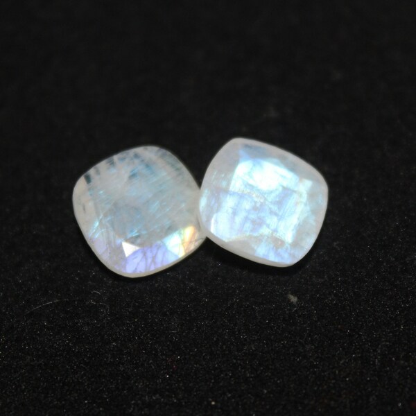 Flashy Rainbow Moonstone pair gemstone,Natural Rainbow Moonstone Faceted 12mm Cushion Shape Matched Pair Blue Flashy Handmade Loose Gemstone