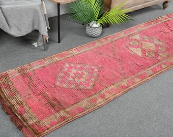 Vintage Turkish Runner Rug, Handmade Wool Carpet, 70x348cm, 2x11ft, Pink Bohemian Decor, Unique Hallway Runner, Rustic Home Style