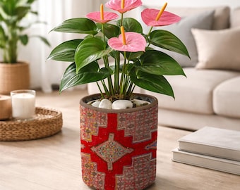 Turkish Rug Pattern Planter, Handmade Kilim Flower Pot, Housewarming Gift, Plant Lover Gift, Planter Basket, Storage Basket, Boho Home Decor