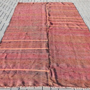 Vintage Turkish Area Rug, Handwoven Wool, Rich Earthy Tones, Unique Stripe Design, 6x9ft, Perfect for Cozy Home Decor