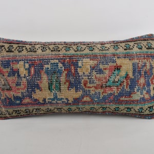 Handmade Kilim Cushion, Turkish Pillow, 12x24 Pillow for Sofa, Boho Pillow, Blue Pillow Cover, Lumbar Pillow, Hand Knotted Pillow,