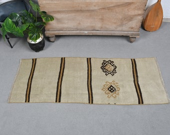 Small Rugs Turkish Vintage Hemp Flat Weaving Kilim Anatolian For Bathroom 1.7x4.7 ft Beige Oriental Door Mat Handwoven Floor Natural Aztec