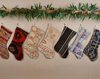 Handmade Kilim Christmas Stocking, Vintage Rug Holiday Decor, Rustic Personalized Stocking, Custom Family Stocking for Festive Celebrations