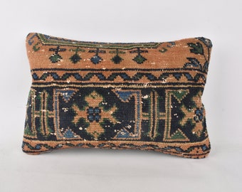 Kilim Cushion Sham, Throw Kilim Pillow, 16x24 Turkish Kilim Pillow, Boho Pillow Cover, Blue Cushion, Turkish Lumbar Pillow, Outdoor Decor,