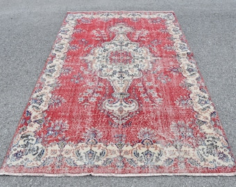 Turks vloerkleed, 5,6 x 9 ft groot vintage vloerkleed, roodblauw oosters vloerkleed