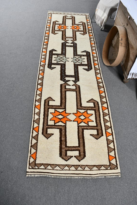 Türkischer Teppich, Vintage Teppich 100x300, Handgewebter Wollteppich in Braun Orange