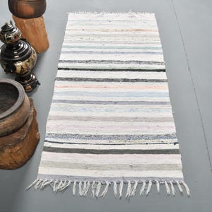 Vintage Turkish Door Mat, Handwoven Striped Design, Soft Pastel Colors, 2x5ft Rug, Boho Chic Home Decor