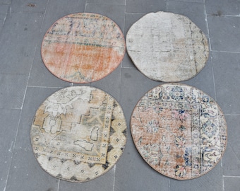 Set of 4 Vintage Turkish Rugs ,Oaster/Potholde 22&quot;x22&quot; Circle Rugs, Small Rugs, Decorative Gift Rugs, Table Rug, Wall Decor Rugs,  SN- Round