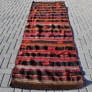 Turkish Kilim, Runner Rug, Vintage Kilim, Antique Kilim, 3x10ft Hallway Rug, Striped Black Kilim, Turkish Handmade Rug