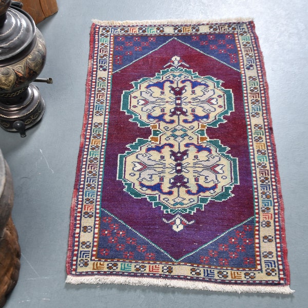 Small Carpet, Vintage Rug, Turkish Rug, Oushak Rug, 21x36 inches Purple Rug, Decorative Gift Carpet, Tribal Bath Carpet,  10366