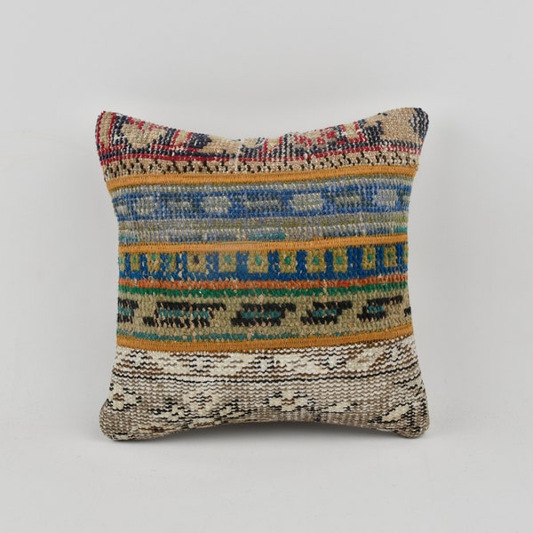 Boho Pillow Sham Cover, Interior Designer Pillow, 14x14 Vintage Pillow, Ethnical Kilim Rug Pillow, Blue Pillow Cover, Patchwork Pillow,