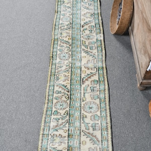 May include: A long, narrow rug with a cream background and a repeating pattern of blue, green, and brown floral designs. The rug has a fringed edge.