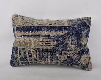 Antique Pillow, Pillow for Sofa, 16x24 Interior Designer Pillow, Boho Pillow, Blue Cushion Case, Rectangular Pillow, Traditional Turkish Rug