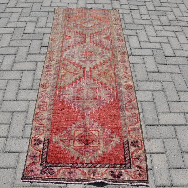 Herki Rug, Vintage Rug, Turkish Rug, Runner Carpet, Antique Carpet, 28x73 inches Orange Carpet, Wool Stair Rugs,  8822