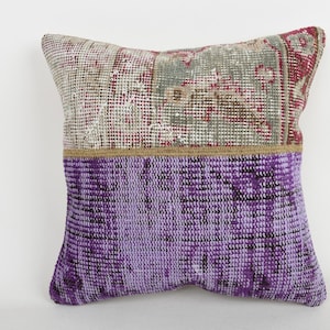 Handmade Kilim Cushion, Turkish Kilim Pillow, 16x16 Throw Kilim Pillow, Ethnical Kilim Rug Pillow, Purple Cushion Case, Patchwork Pillow,