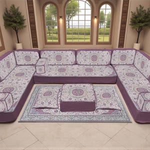 Soft Purple Floor Sofa Seating, Elegant Turkish Corner Couch, Handmade Kilim Lounge Sofa, Minimal Pattern Living Room for Majlis Seating