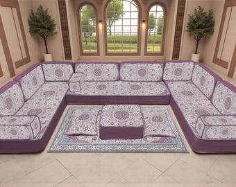 Soft Purple Floor Sofa Seating, Elegant Turkish Corner Couch, Handmade Kilim Lounge Sofa, Minimal Pattern Living Room for Majlis Seating