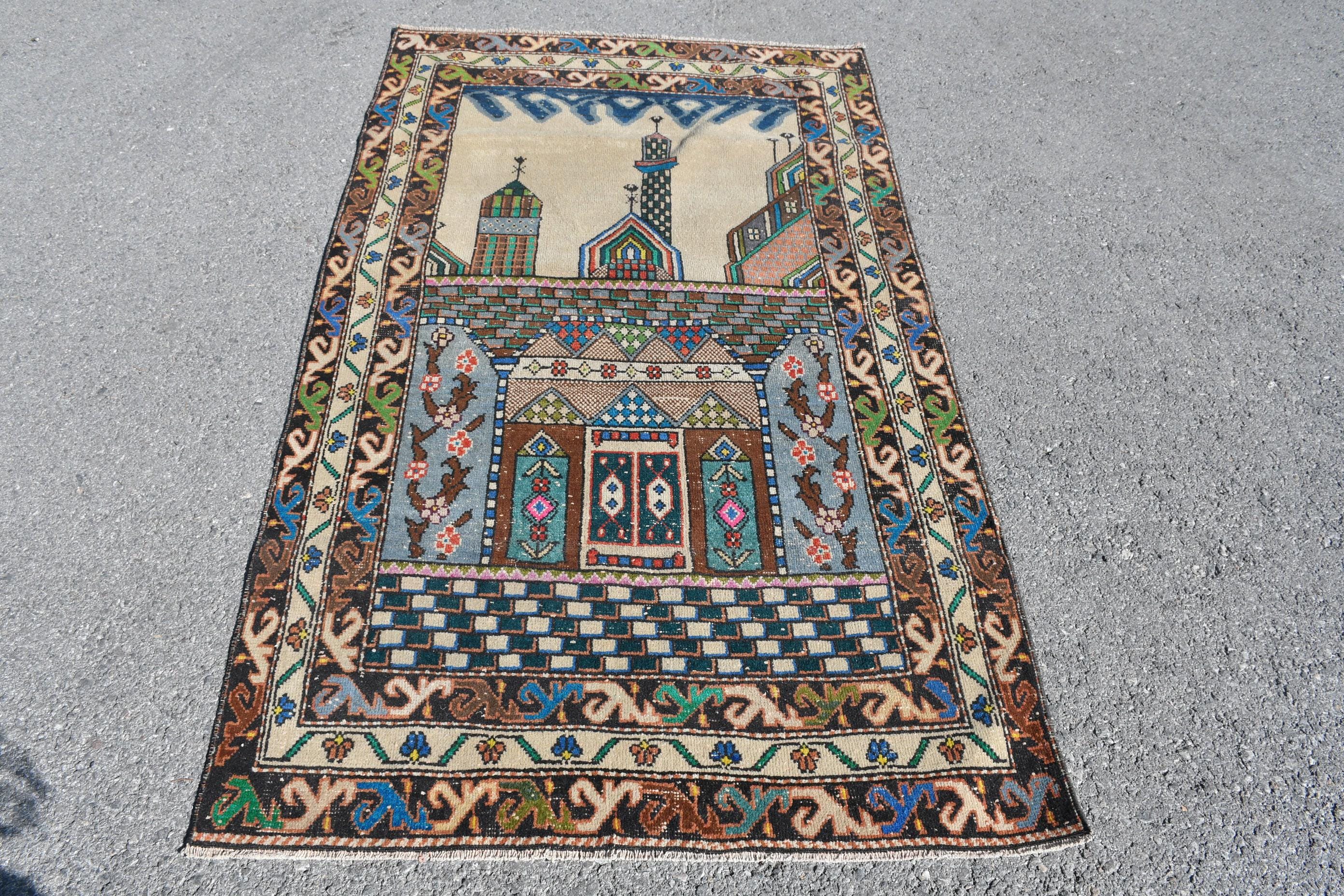 Turkish Vintage Rug, 3.6x6.2 Ft Accent Rug, Blue Brown Patchwork