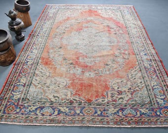 ヴィンテージトルコ絨毯、大型（187 x 274 cm）、赤い花柄ウール絨毯