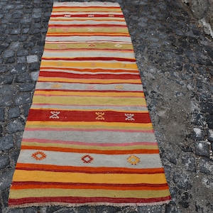 Turkish Kilim, Vintage Kilim, 2.6 x7.9  Oushak Kilim, Boho Carpet, Ethnic Kilim, Wool Kilim, Decorative Kilim, Runner Kilim, Orange  SN-2899