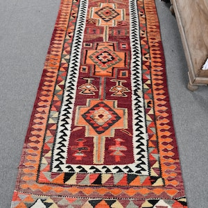 Vintage Kilim, Runner Kilim, Turkish Kilim, Antique Herki Kilim, Rugs For Corridor, 3x9.4 ft Purple Kilim, Modern Minimalist Wool Rug,