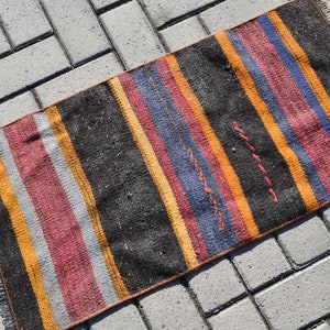 Vintage Kilim, Turkish Kilim, Small Kilim, Antique Kilim, 18x34 inches Black Kilim, Tribal Kilim, Kitchen Kilim,  9711