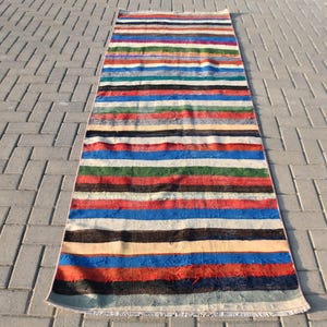 Colorful Turkish Kilim Rug, Striped Runner, Handwoven Bohemian Decor, Vintage Wool Kilim, 3x9ft Hallway Rug, Rainbow Floor Covering