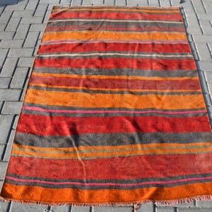 Vintage Turkish Kilim, Striped Wool Kilim, Handmade Orange and Red Rug, Accent Area Rug, 4x5ft, Home Decor Carpet, Boho Floor Mat