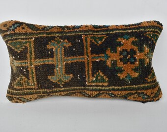 Cojín de alfombra Kilim étnica, funda de almohada bohemia, cojín de 8x16 para sofá, cojín azul, almohada lumbar bordada,