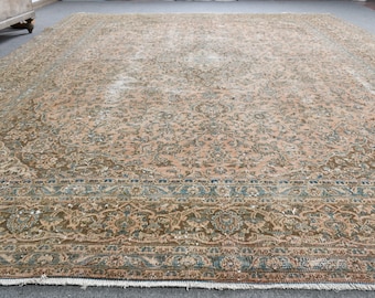 Alfombra vintage extragrande de 2,84 x 3,96 m, alfombra turca de lana con estampado floral en tonos marrones y azules.