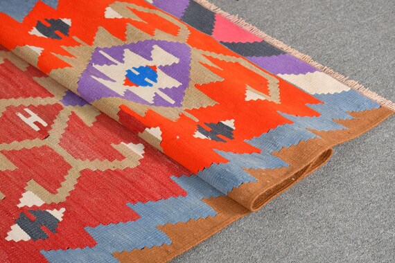 Grand Tapis Kilim Turc Vintage 4x8 Ft – Laine Tissée Main, Motif Géométrique Multicolore, Salon