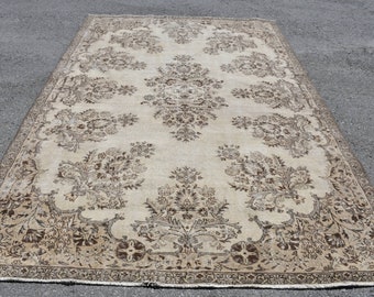 Oversize Carpet, Vintage Rug, Turkish Rug, Home Decor Carpet, 84x123 inches Beige Rug, Turkey Oushak Rug, Wool Antique Rugs,  5270