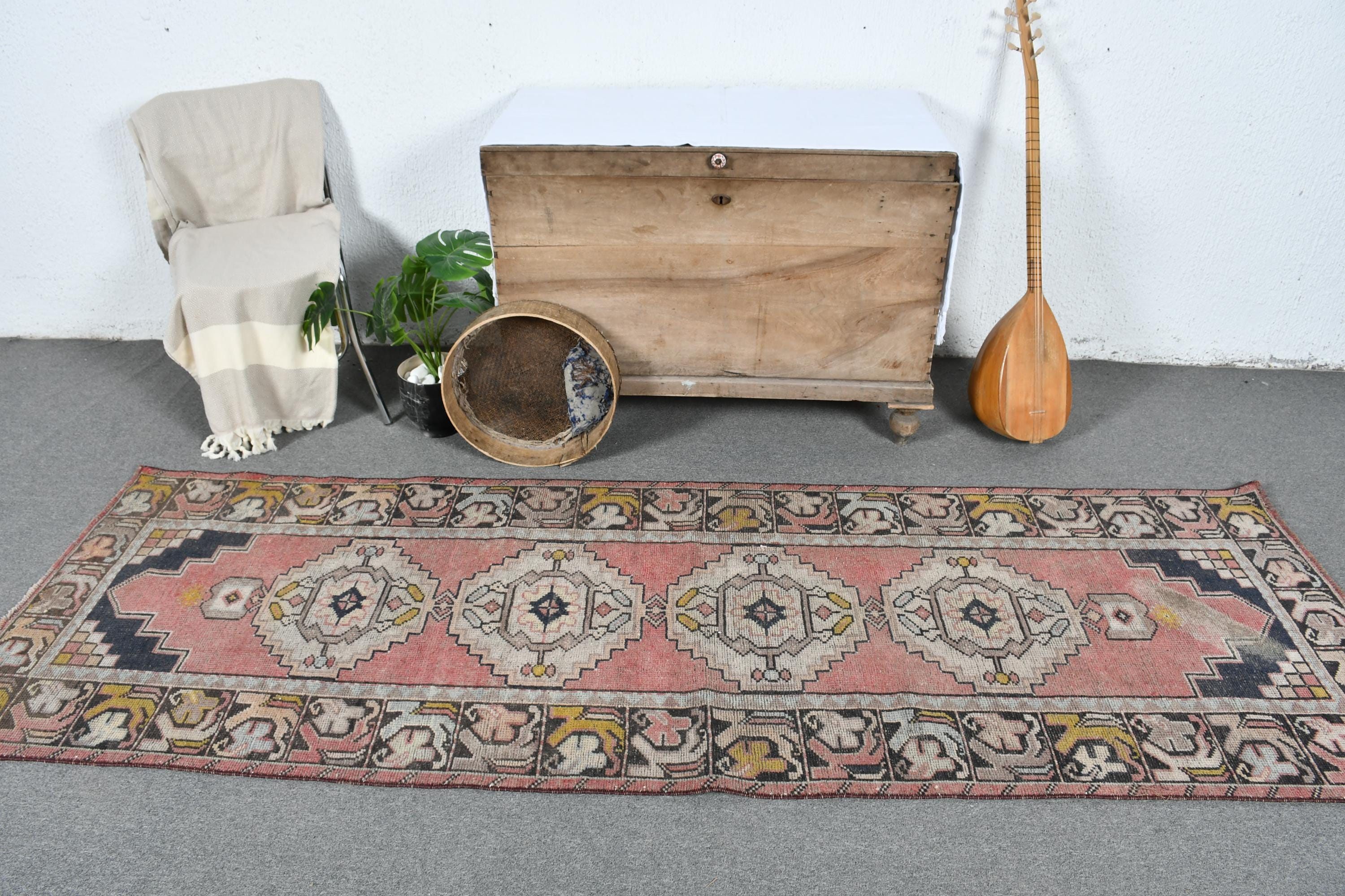 トルコラグ、3x9ランナーラグ、ヴィンテージラグ、装飾ウシャクラグ