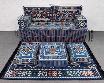 Blue Kilim Floor Sofa, Turkish Majlis Set, Boho Floor Seating, Authentic Oriental Couch, Ethnic Sofa Set, Ottoman Sofa Set,