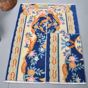 Vintage Turkish Rug, Handmade Small Carpet, 3x4ft Floral Blue Rug, Home Decor, Turkish Gift Rug, Wall Hanging, Outdoor Rug