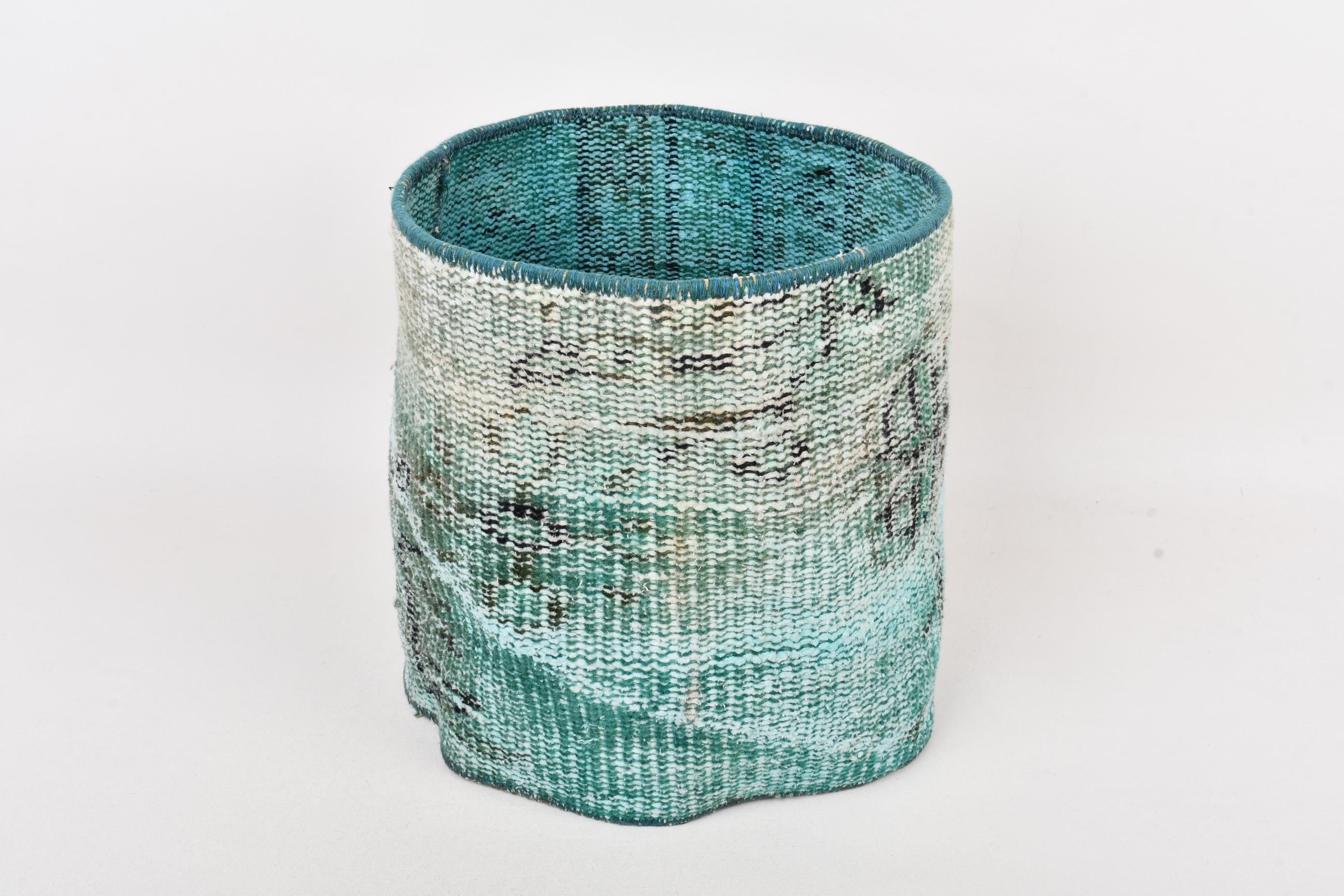 Handmade Vintage Planter 7"x8" – Aqua Turquoise Rug Basket – Upcycled Carpet Flower Pot – Eco-Friendly Boho Textile Home Decor - Rug Planter