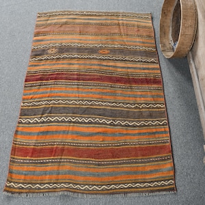 Vintage Kilim, Turkish Kilim, Small Striped Kilim, Anatolian Kilim, Rugs For Entry, 2.7x4.1 ft Orange Kilim, Neutral Oushak Rug, Door Mat