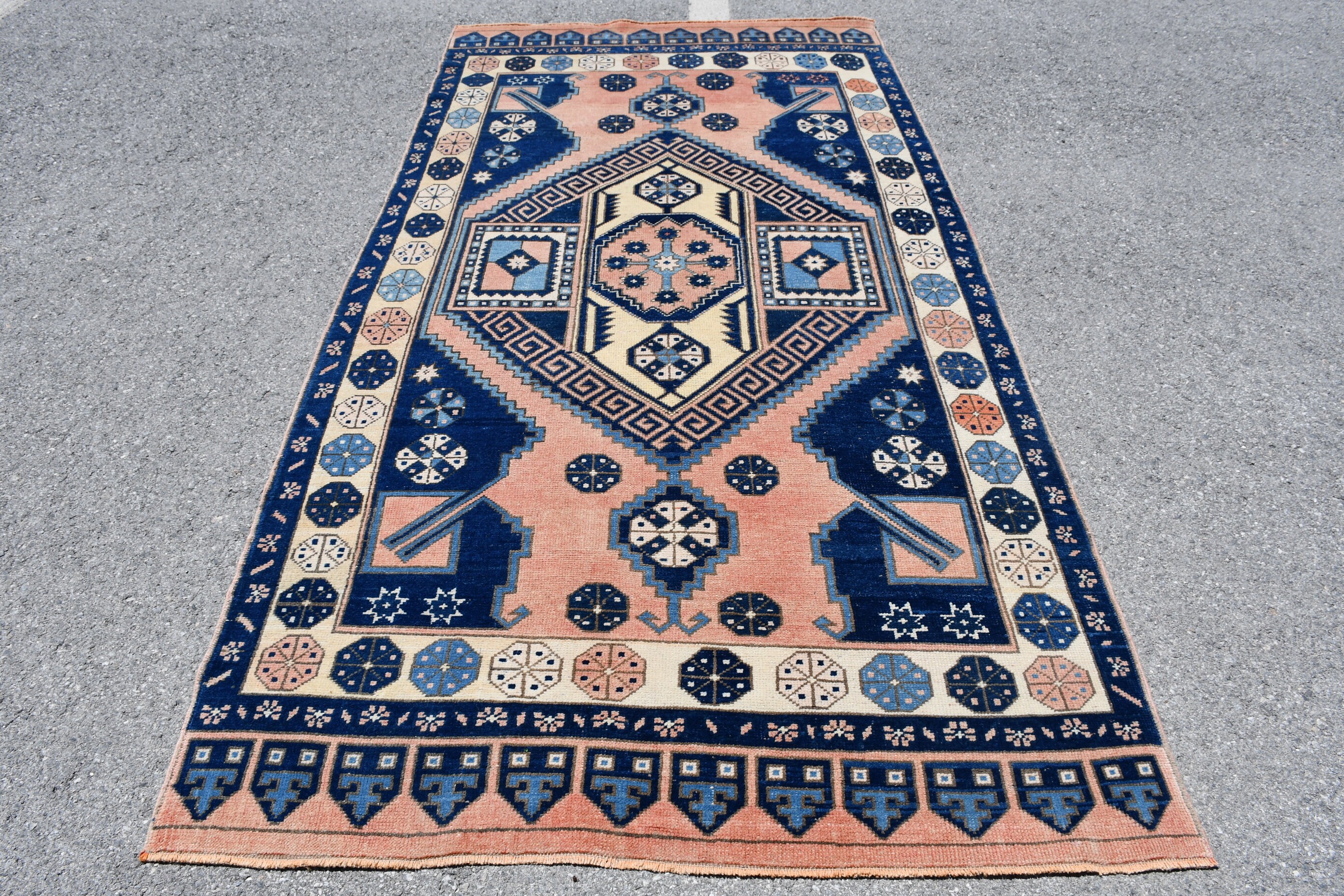 Tapis Turc 4.7x9.8 Pieds Vintage Tapis, Tapis Bleu, Orange, de Laine, Secteur, Salon, Oriental, Anti