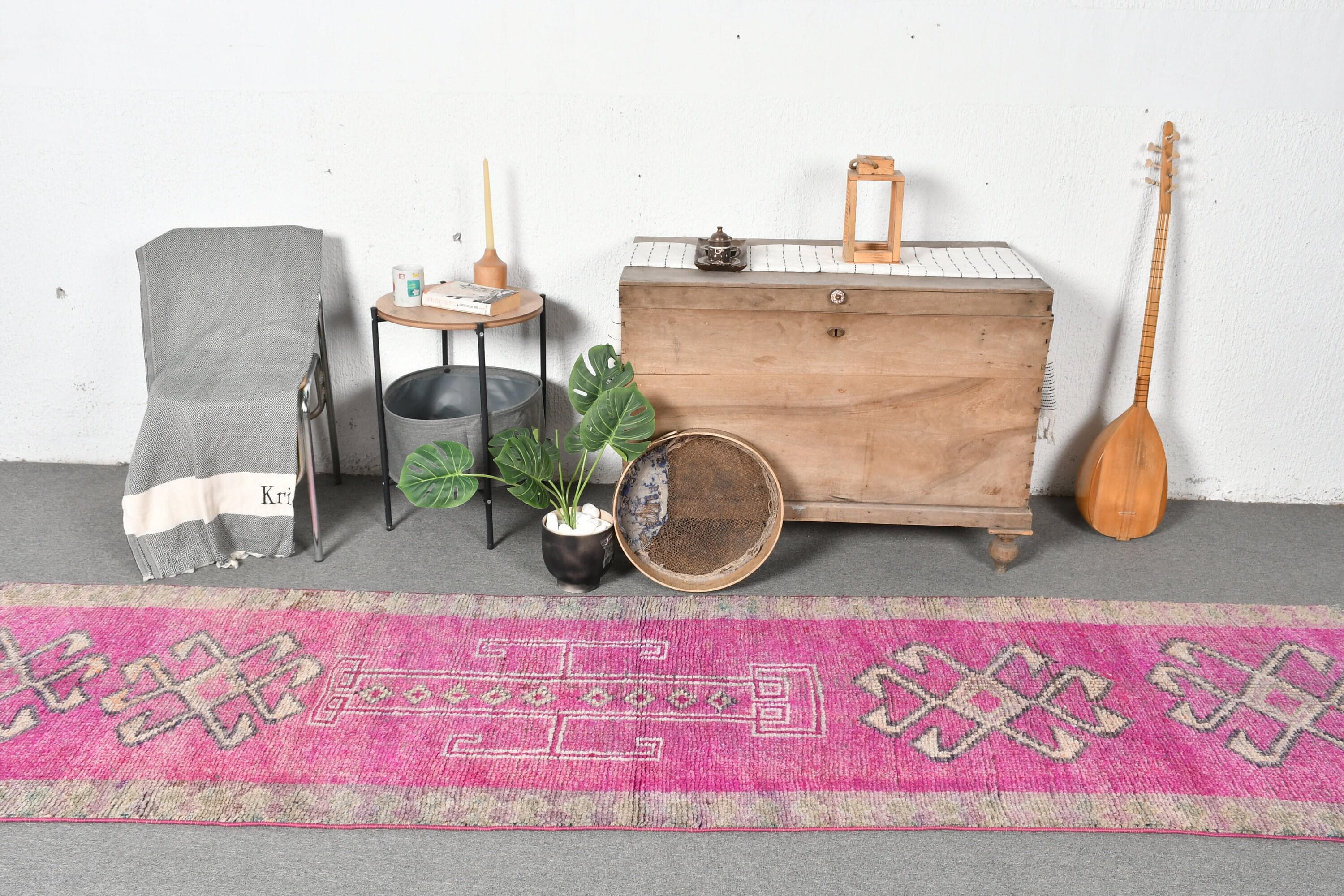 Vintage Anatolian Turkish Runner Rug, Handmade Wool, 3x12ft Pink, Hallway Decor, Boho Oriental, 84x364cm