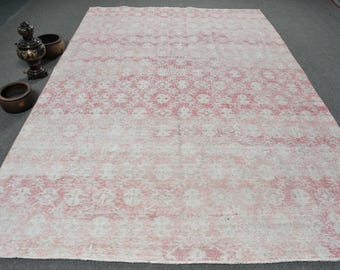 Alfombra turca vintage extragrande de 2,16 x 3,29 m, alfombra blanca de patchwork de lana.